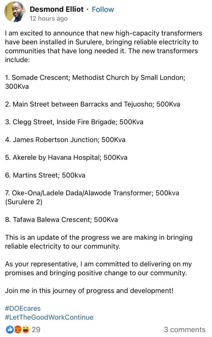 Desmond Elliot gives out transformers to his constituency