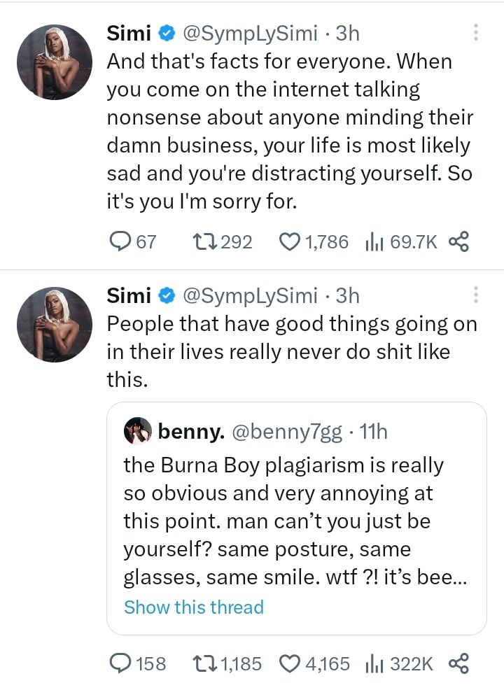 Simi blast Burna Boy's fans