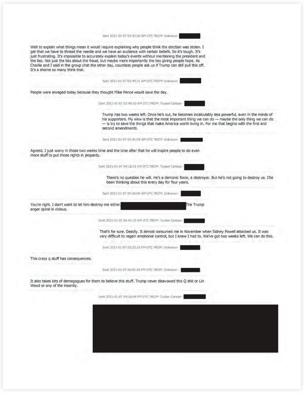 An image of a document showing a transcript of messages with large black blocks obscuring some of the material.