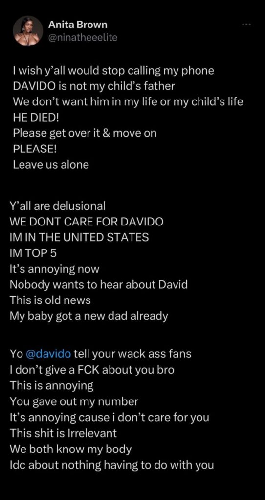 Anita Brown declares Davido dead