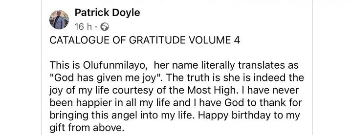 Patrick Doyle gushes over wife, Olufunmilayo