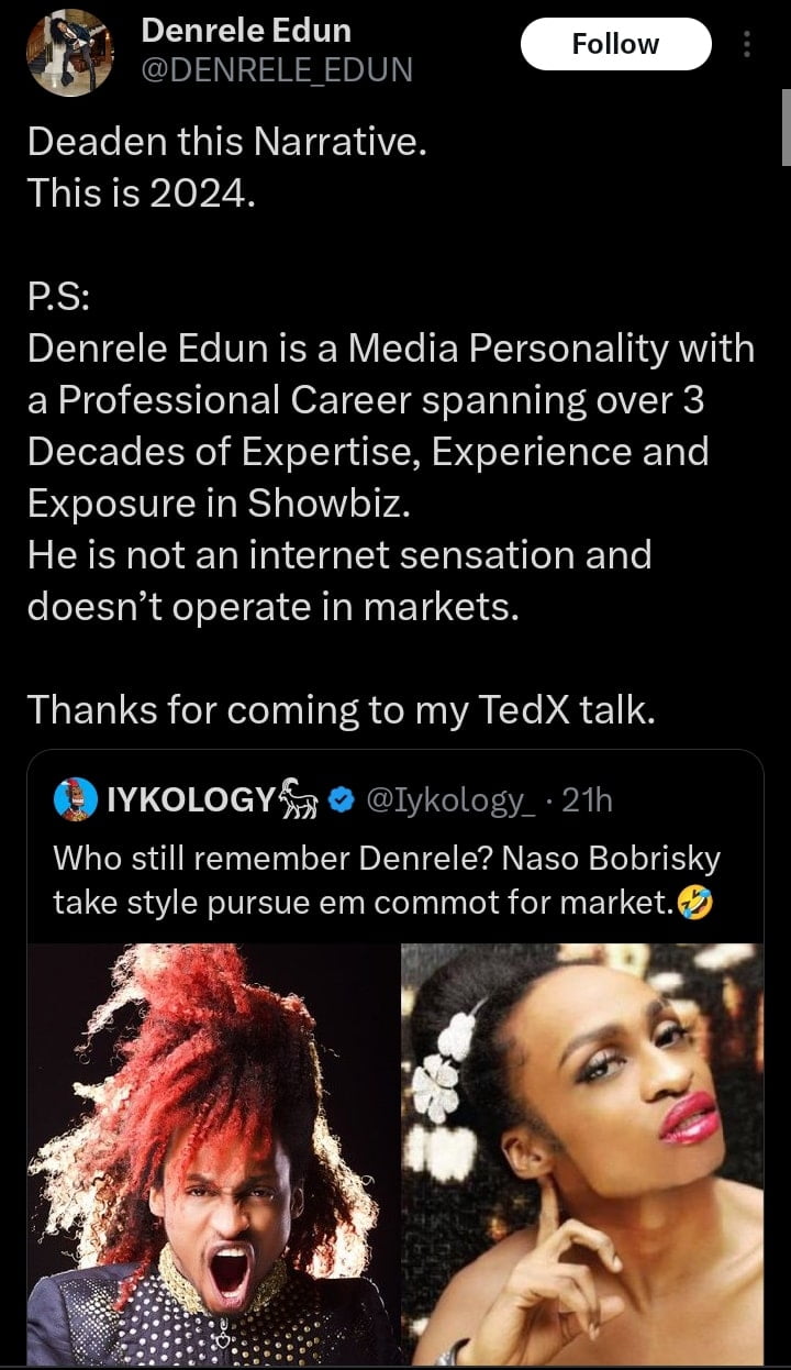 Denrele Edun replies tweep who said Bobrisky replaced him