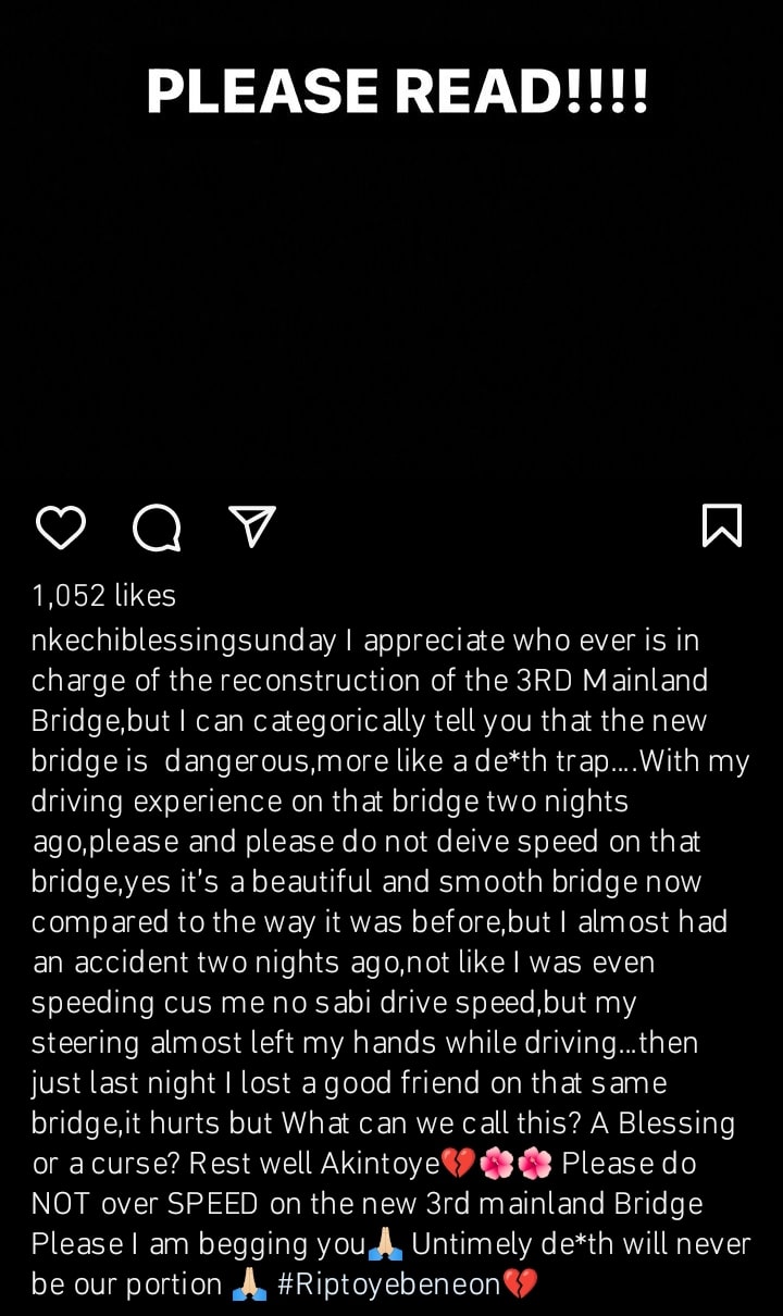 Nkechi Blessing sends warning on 3rd Mainland Bridge