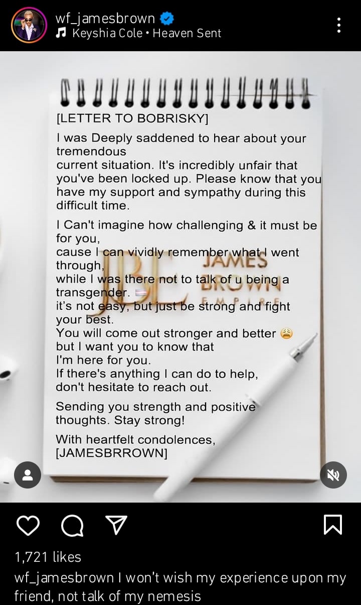 James Brown letter to Bobrisky