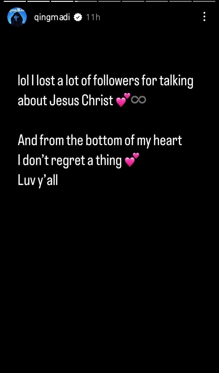 Qing Madi says she lost followers talking about Jesus